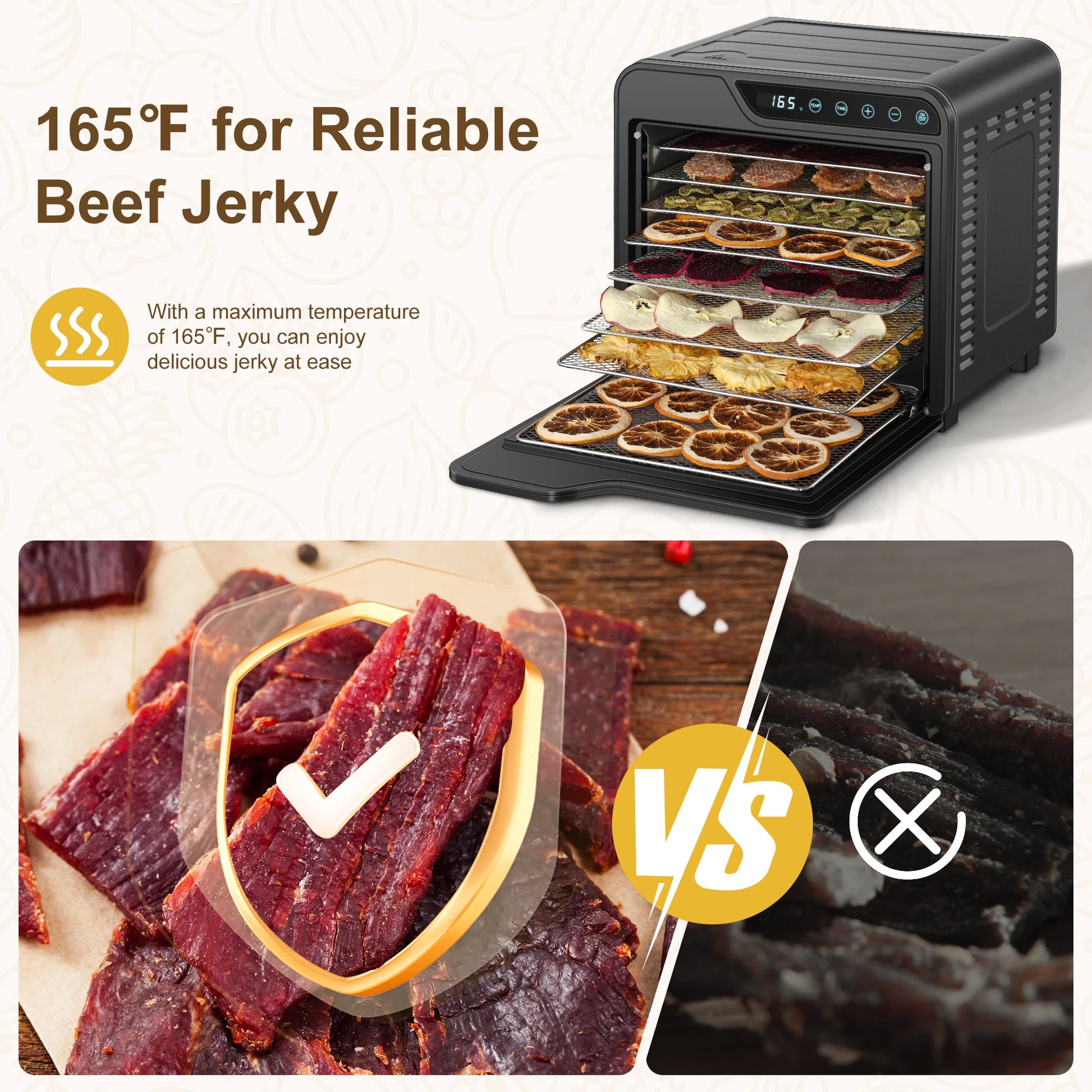 8-Tray Stainless Steel 625W, 165°F for Jerky/Fruit/Dog Treats, 50 Recipes, ≤48dB, Auto Shutoff, Dishwasher Safe Food Dehydrator - Merit Sell