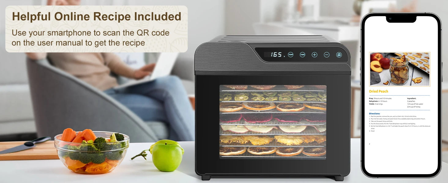 8-Tray Stainless Steel 625W, 165°F for Jerky/Fruit/Dog Treats, 50 Recipes, ≤48dB, Auto Shutoff, Dishwasher Safe Food Dehydrator - Merit Sell