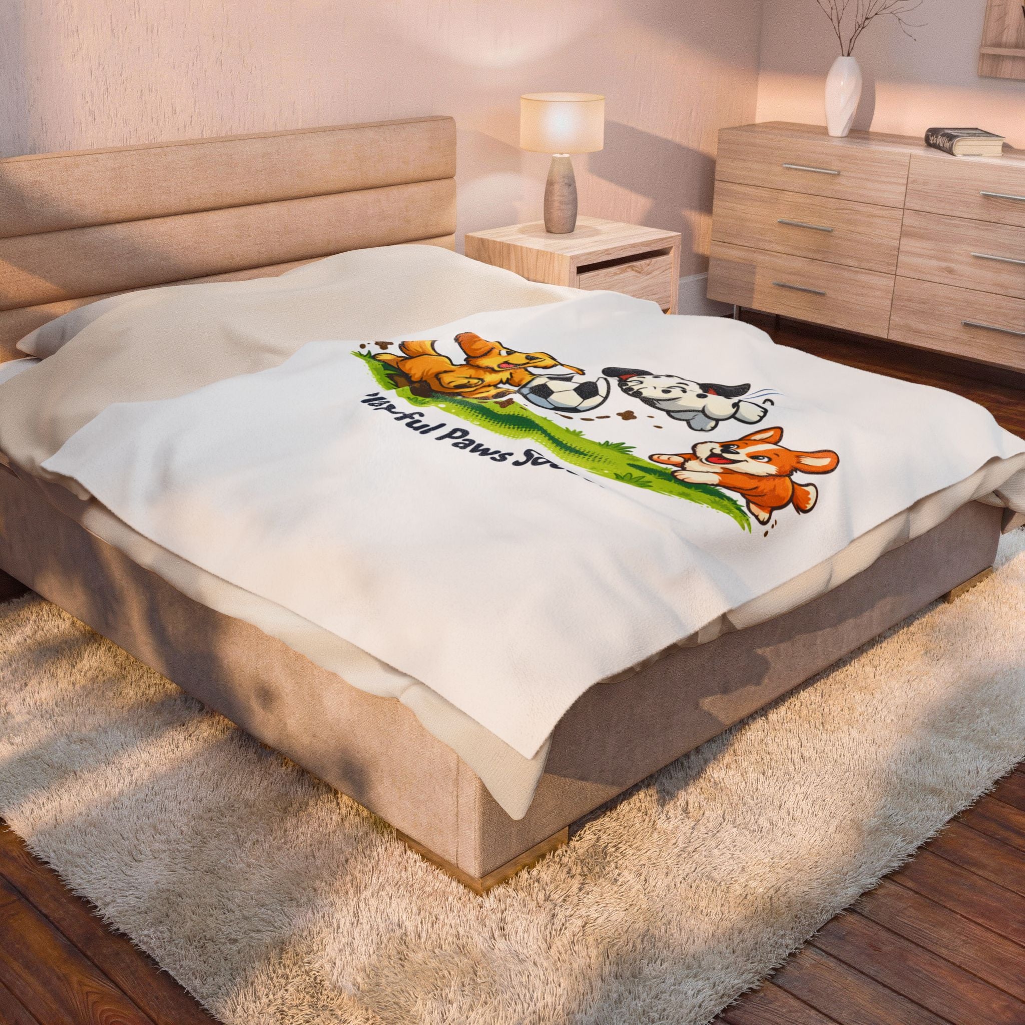 Plush Blanket - Playful Paws Soccer Cute Puppy Soccer Design