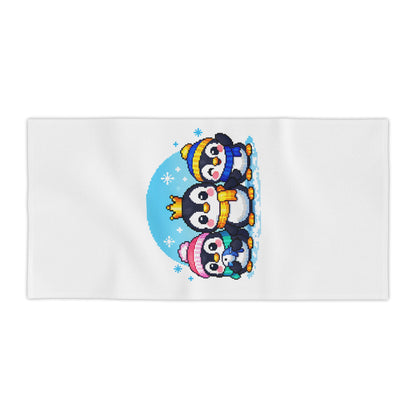 Cute Penguin Family Beach Towel — Winter Crown & Hat Cartoon Design