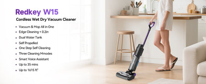 Redkey W15 Cordless Wet Dry Vacuum Cleaner 3 in1 , Self-Washing Self Propelled, 0.2in Edge Cleaning, Powerful Suction