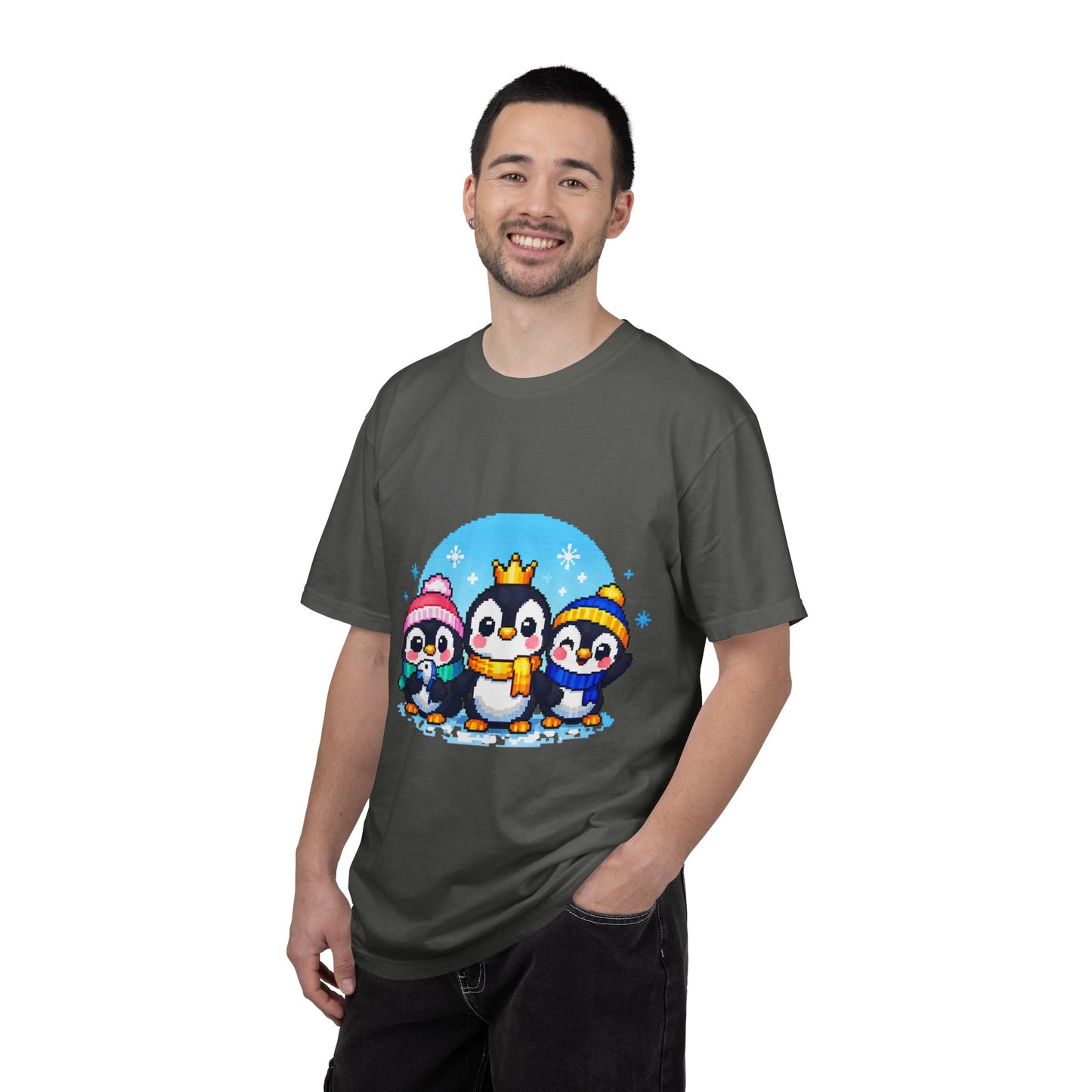 Cute Winter Penguin T‑Shirt — Three Cartoon Penguins with Crown & Scarves