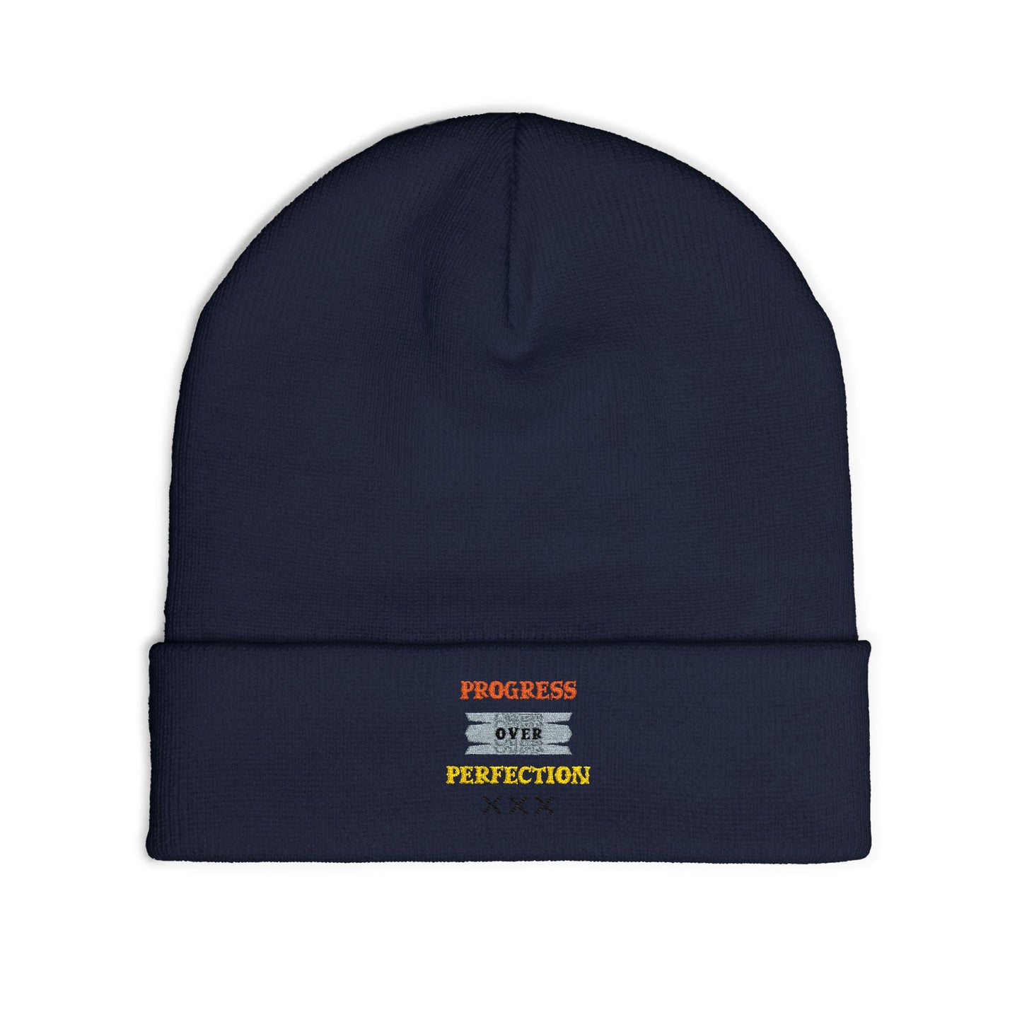 Embroidered Knit Beanie — 'Progress Over Perfection' Cozy Winter Hat