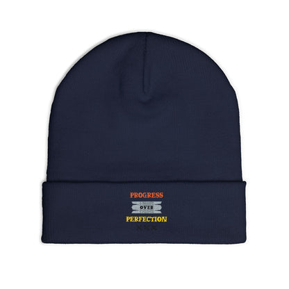 Embroidered Knit Beanie — 'Progress Over Perfection' Cozy Winter Hat