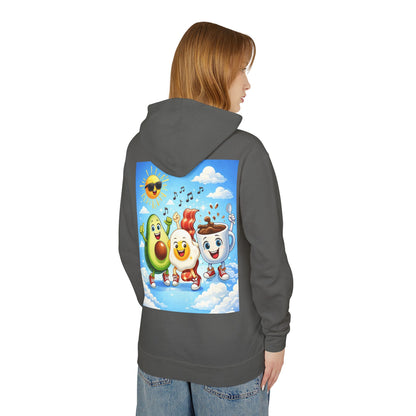 Happy Breakfast Friends Hoodie — Avocado, Egg & Coffee Cartoon Pullover