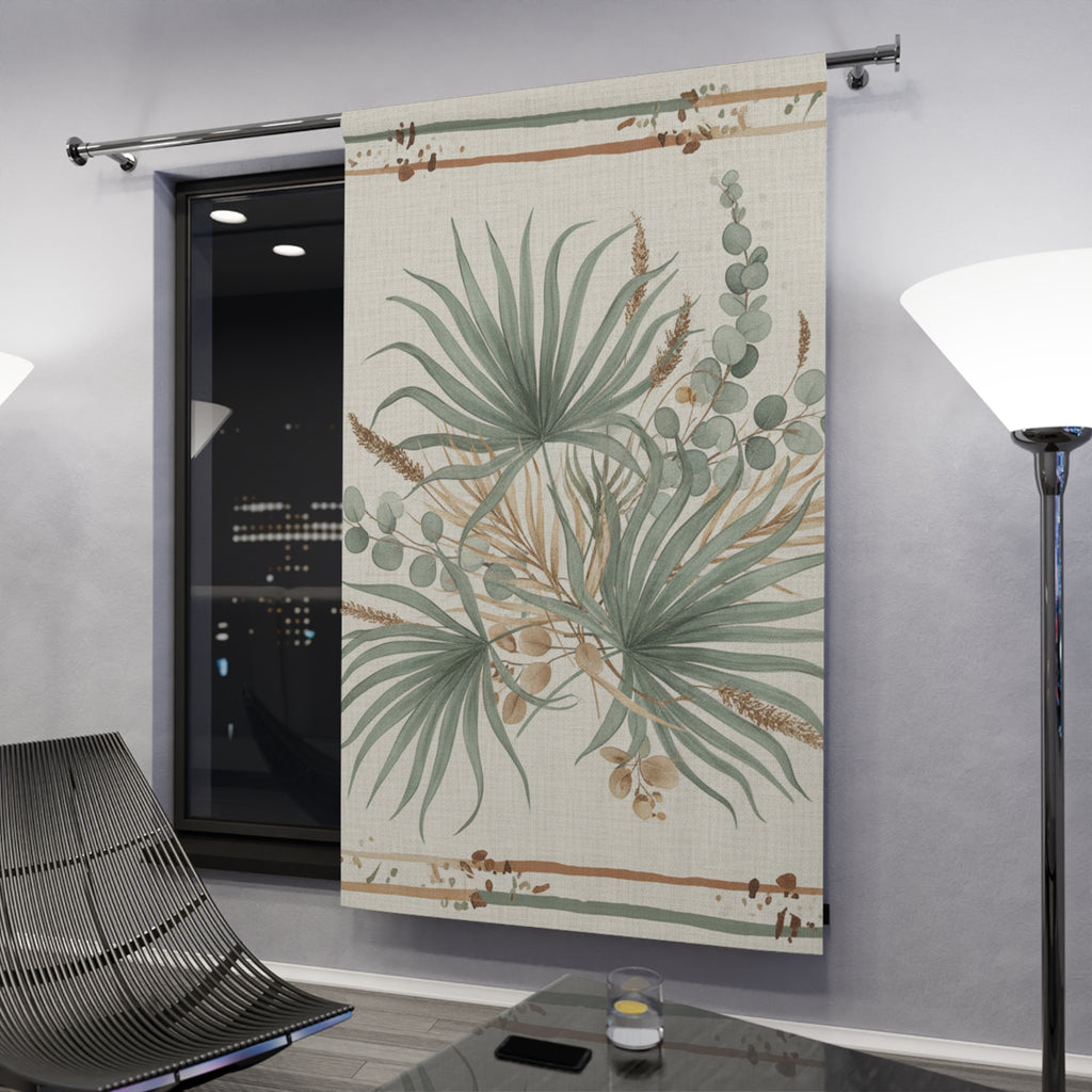 Botanical Palm Window Curtain — Neutral Green Tropical Sheer Panel