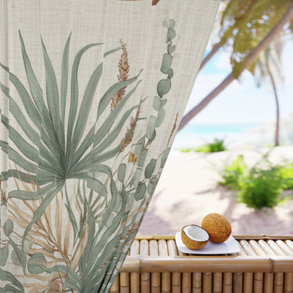 Botanical Palm Window Curtain — Neutral Green Tropical Sheer Panel