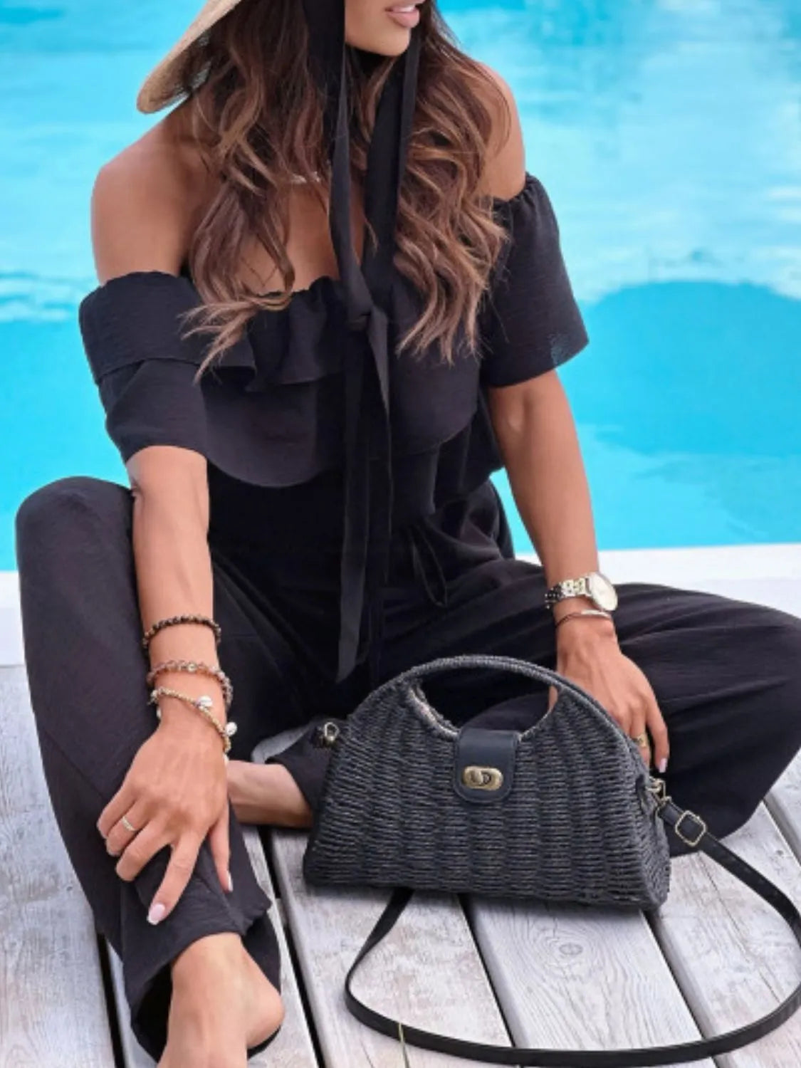 Off-Shoulder Ruffled Wide Leg Jumpsuit - Merit Sell