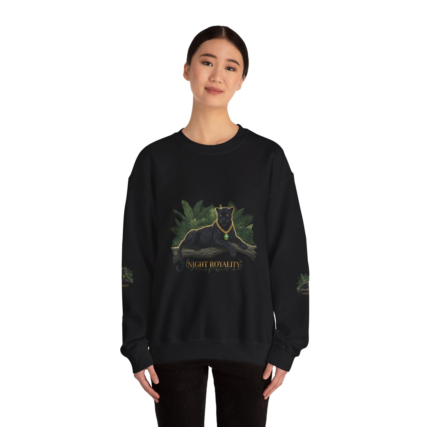 Panther Royale Crewneck Sweatshirt — "Night Royalty" Black Cat Graphic