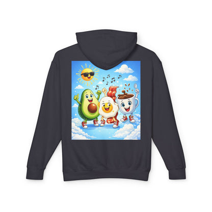 Happy Breakfast Friends Hoodie — Avocado, Egg & Coffee Cartoon Pullover