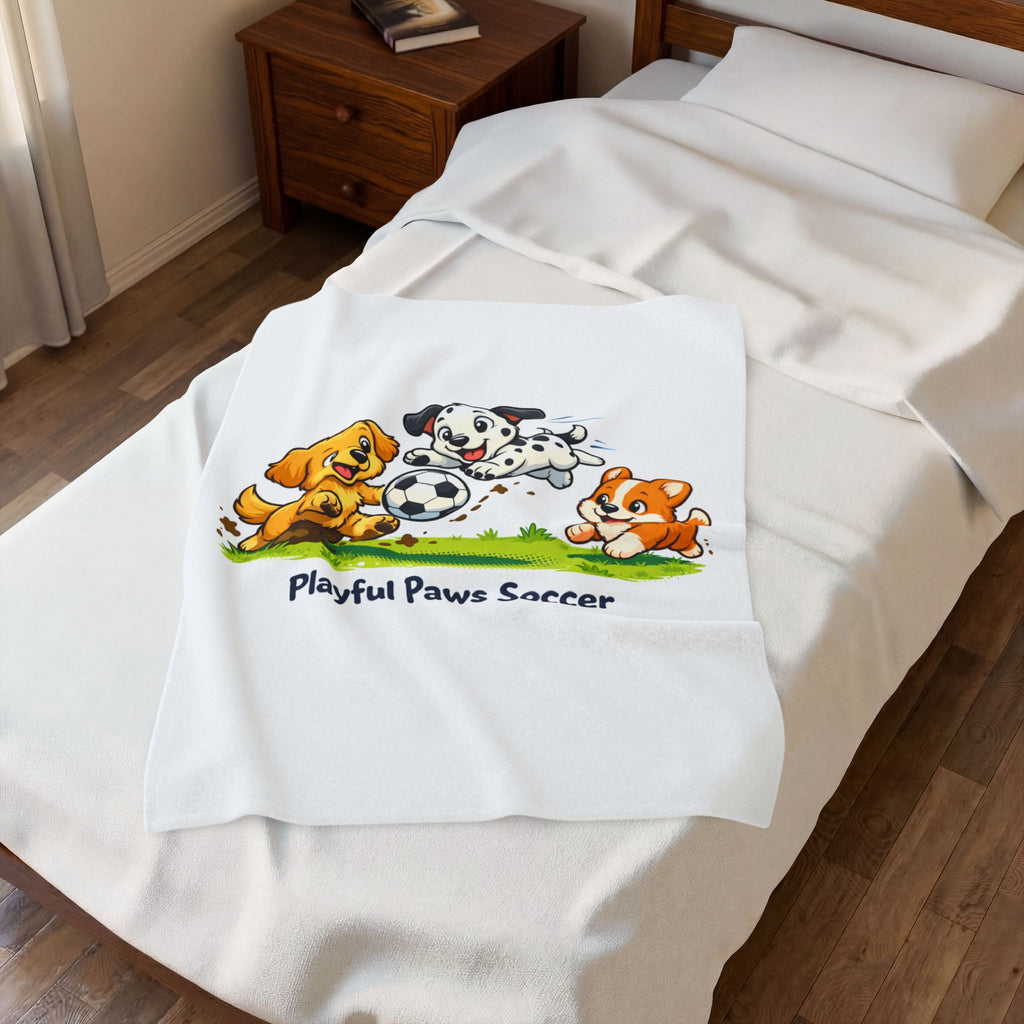 Plush Blanket - Playful Paws Soccer Cute Puppy Soccer Design