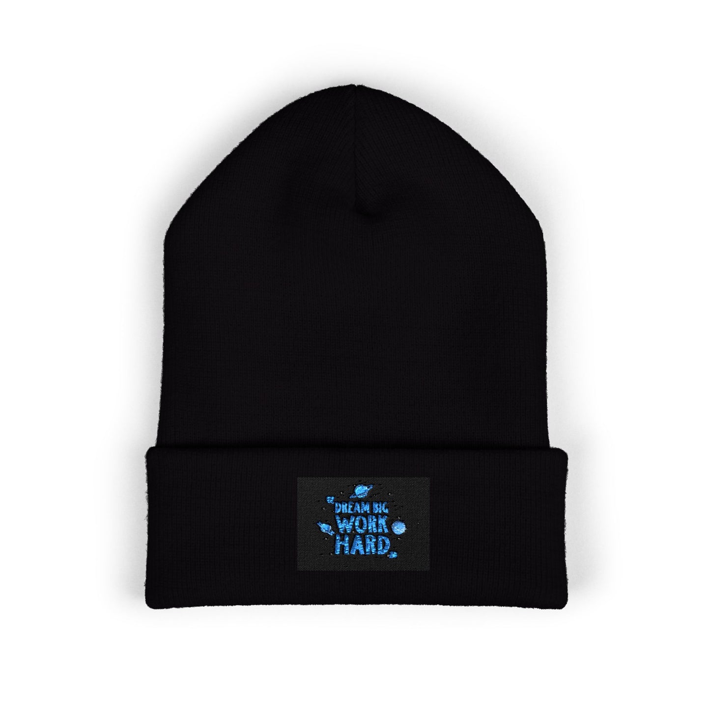 Classic Cuffed Beanie — Embroidered 'Never Stop' Blue Patch Winter Hat