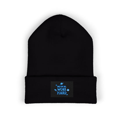 Classic Cuffed Beanie — Embroidered 'Never Stop' Blue Patch Winter Hat