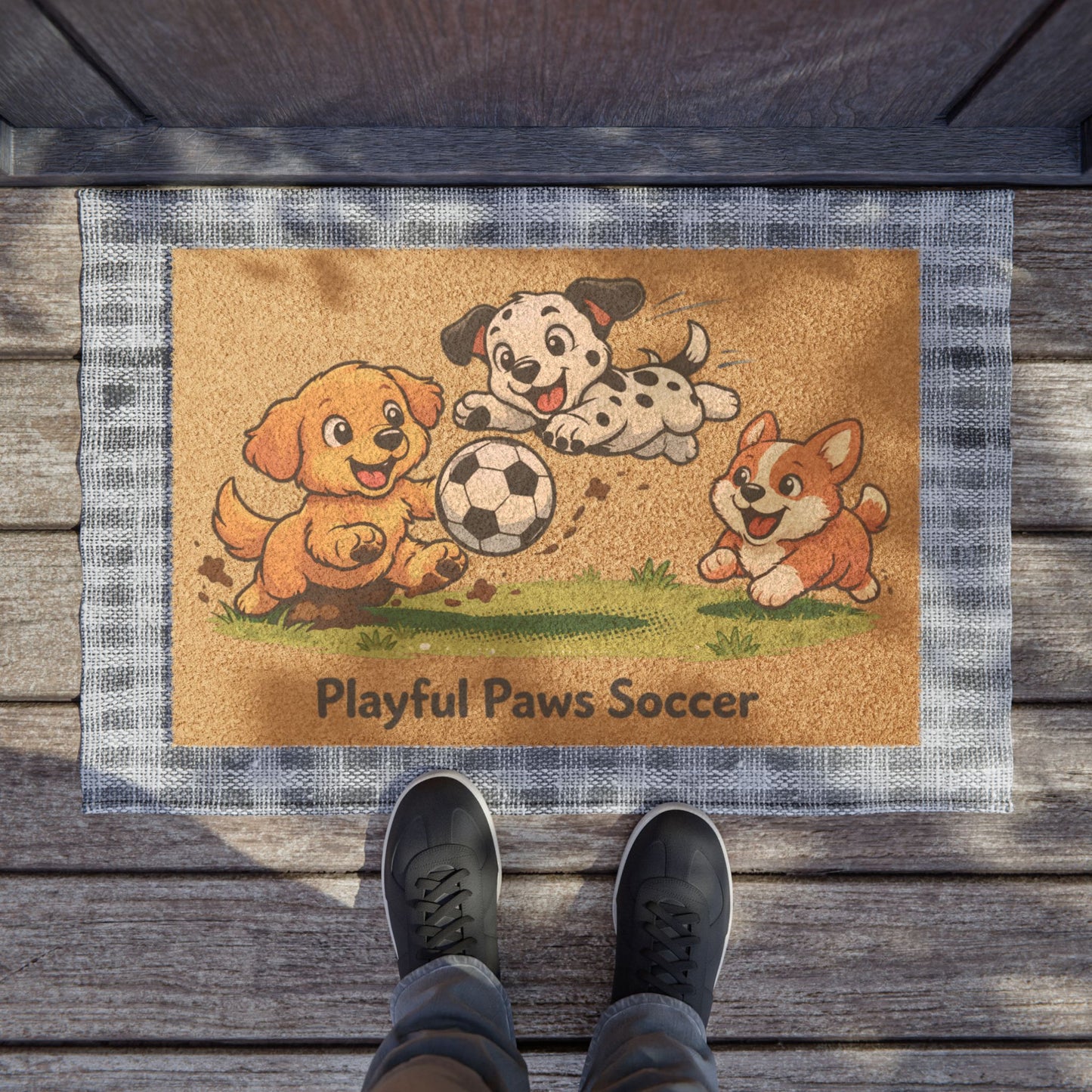 Playful Paws Soccer Doormat — Cute Puppy Welcome Mat for Kids’ Rooms & Front Door