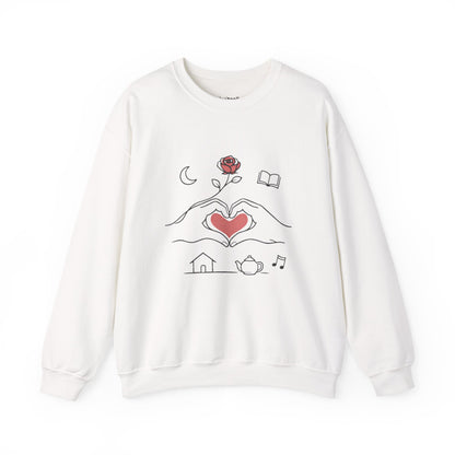 Crewneck Sweatshirt — Heart Hands Rose Illustration (Cozy Home & Self‑Care Vibe)