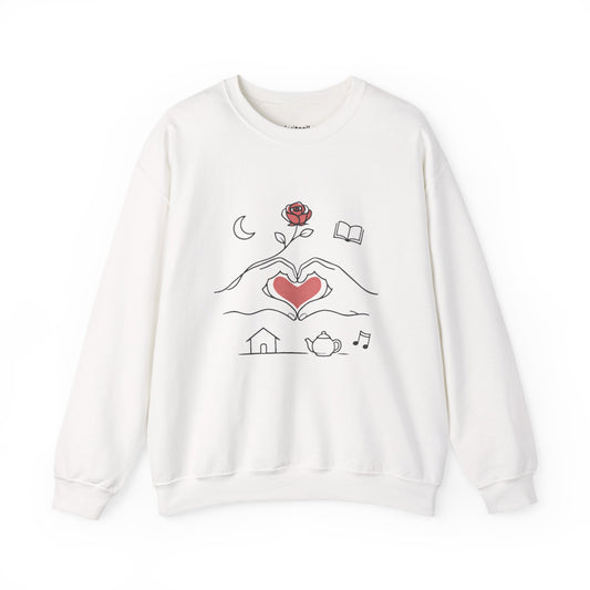 Crewneck Sweatshirt — Heart Hands Rose Illustration (Cozy Home & Self‑Care Vibe) Merit Sell