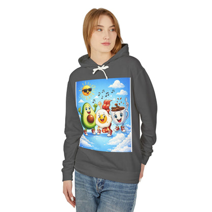 Happy Breakfast Friends Hoodie — Avocado, Egg & Coffee Cartoon Pullover