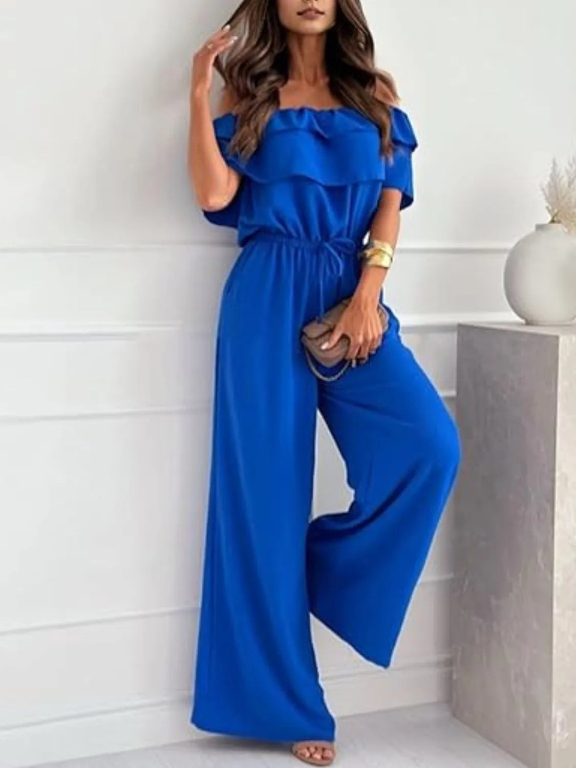Off-Shoulder Ruffled Wide Leg Jumpsuit - Merit Sell