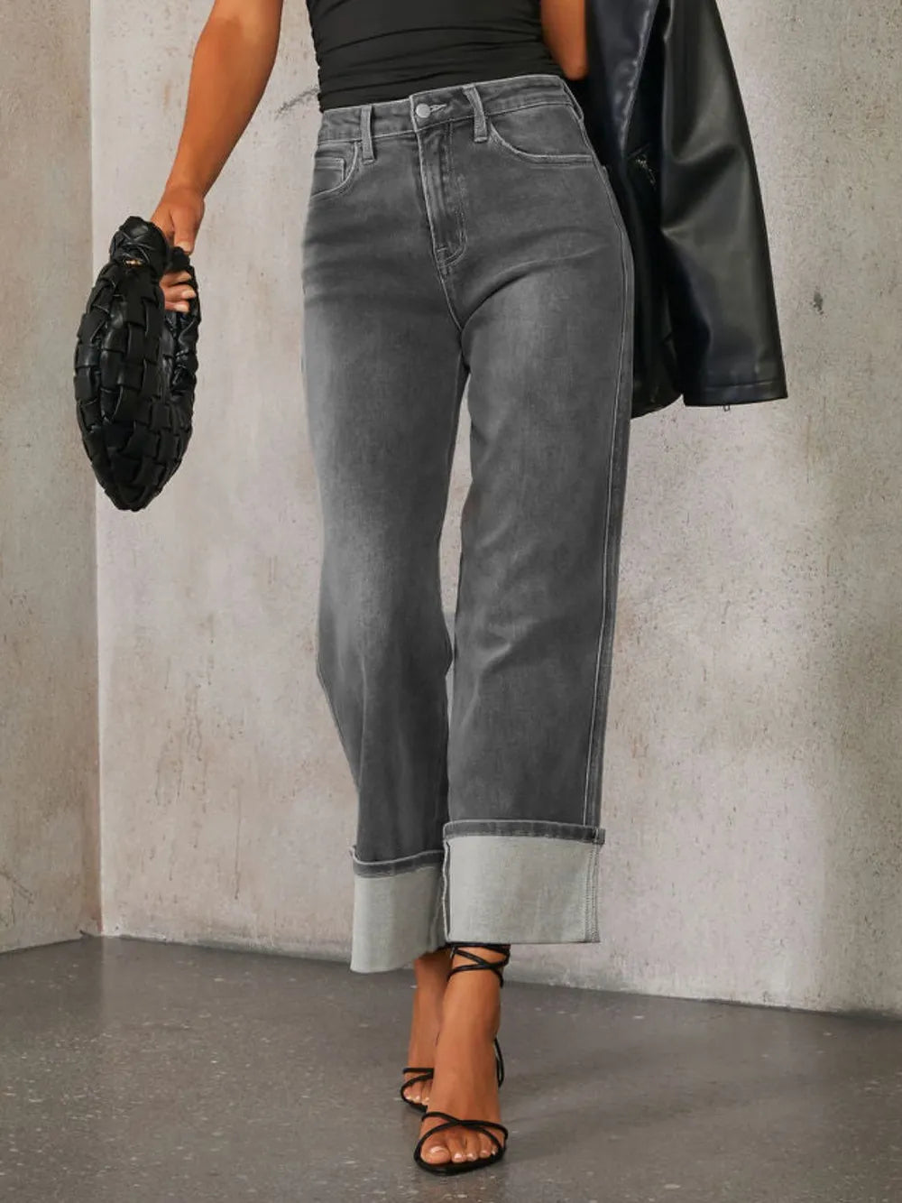 High Waisted Straight Leg Rolled Jeans - Merit Sell
