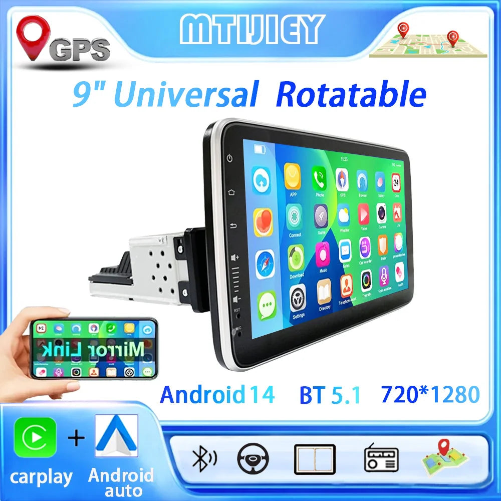 9'' Android14 1Din Car Radio Multimedia Video Player Head Unit Stereo Autoradio Carplay Android Auto WIFI BT GPS Navigation - Merit Sell