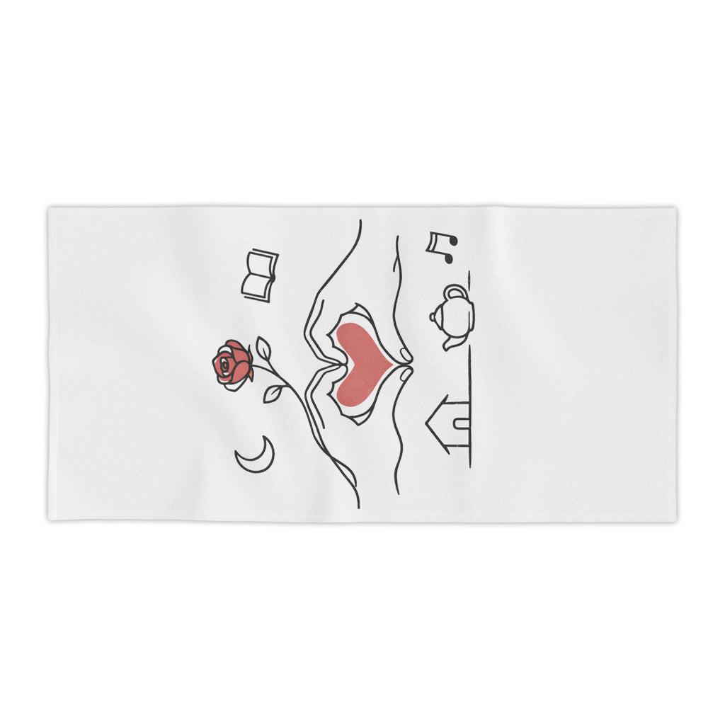 Beach Towel — Heart Hands Rose Design (Moon, Book, Tea, Home Icons)