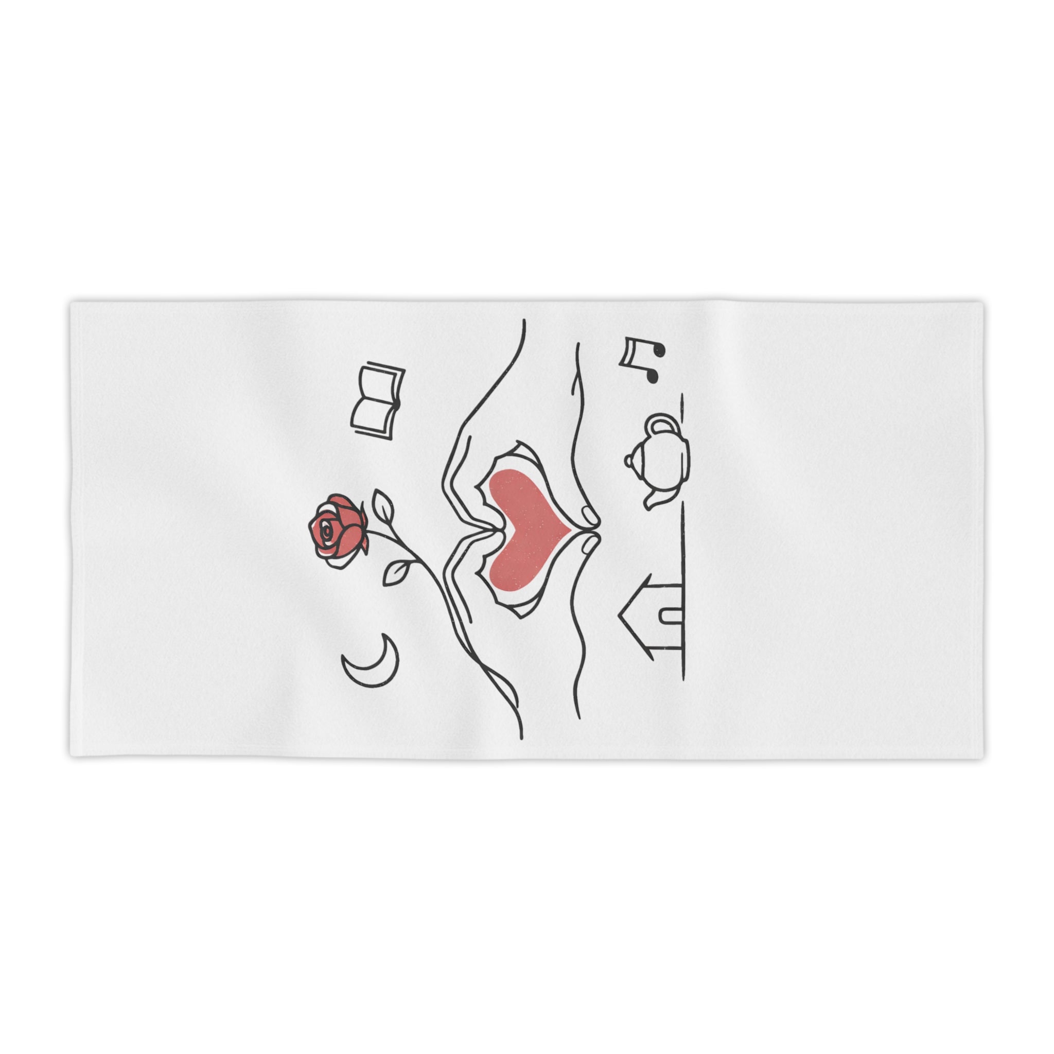 Beach Towel — Heart Hands Rose Design (Moon, Book, Tea, Home Icons)