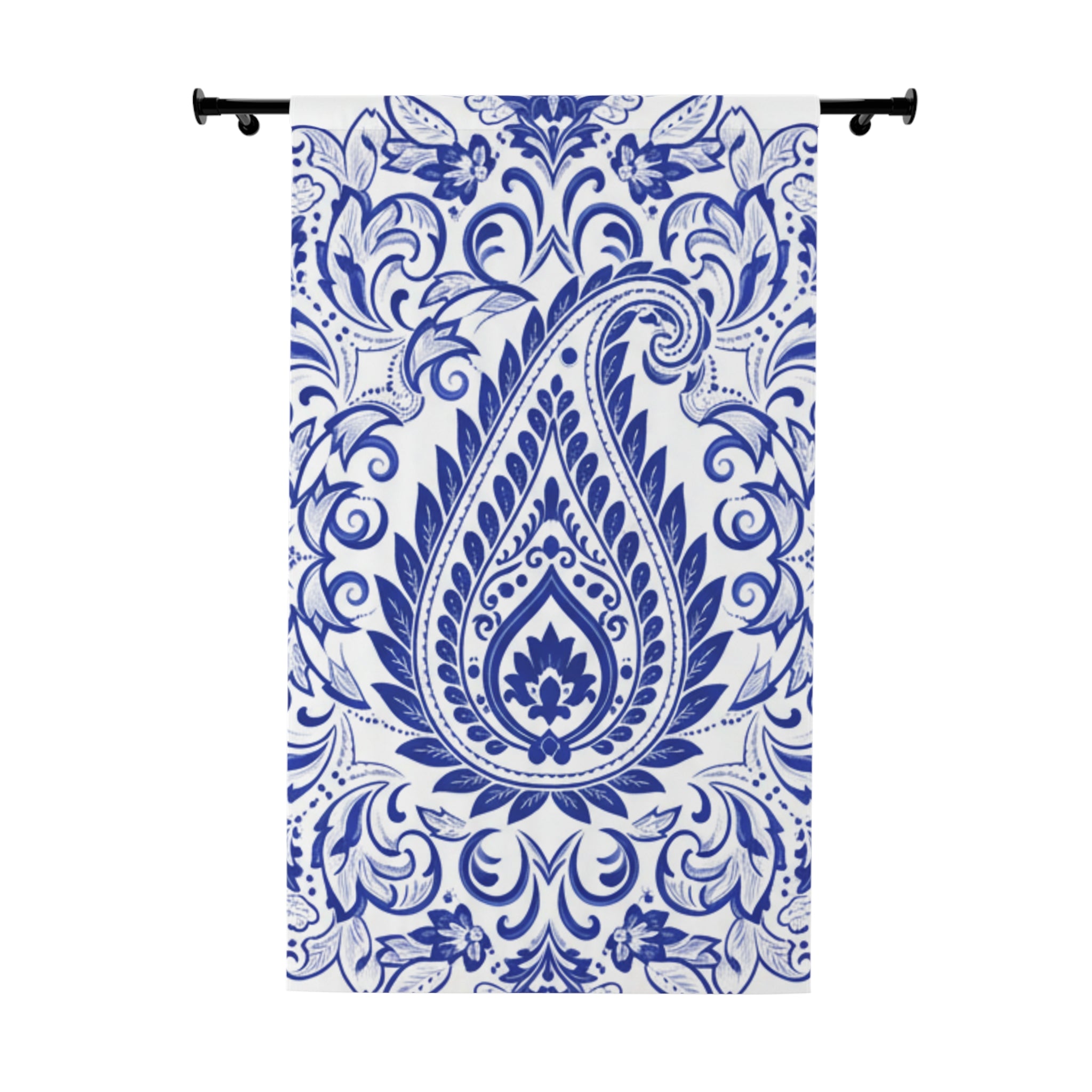 Blue Paisley Window Curtain - Boho Floral Drapery Panel