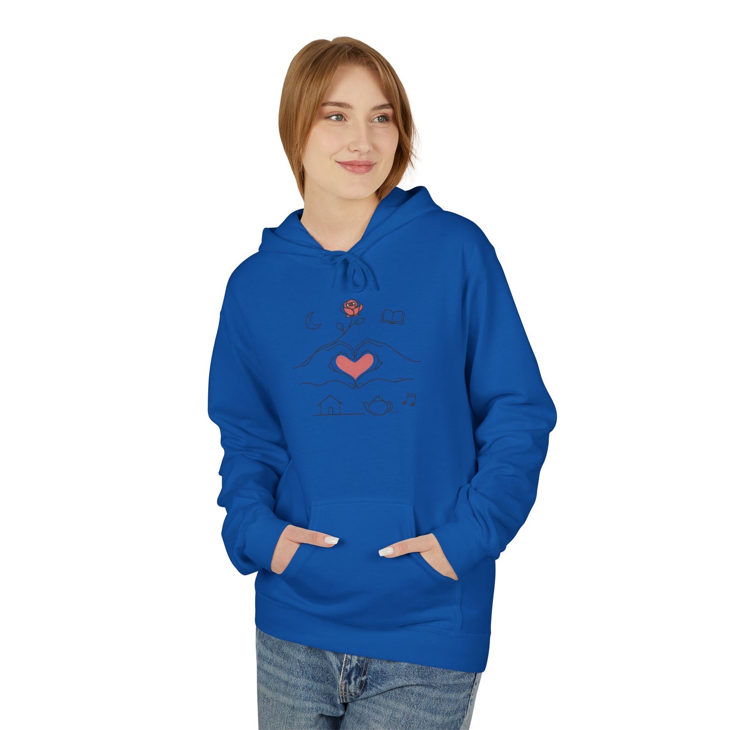 Cozy Heart & Rose Hoodie — Comfort, Home, Tea, Books Design