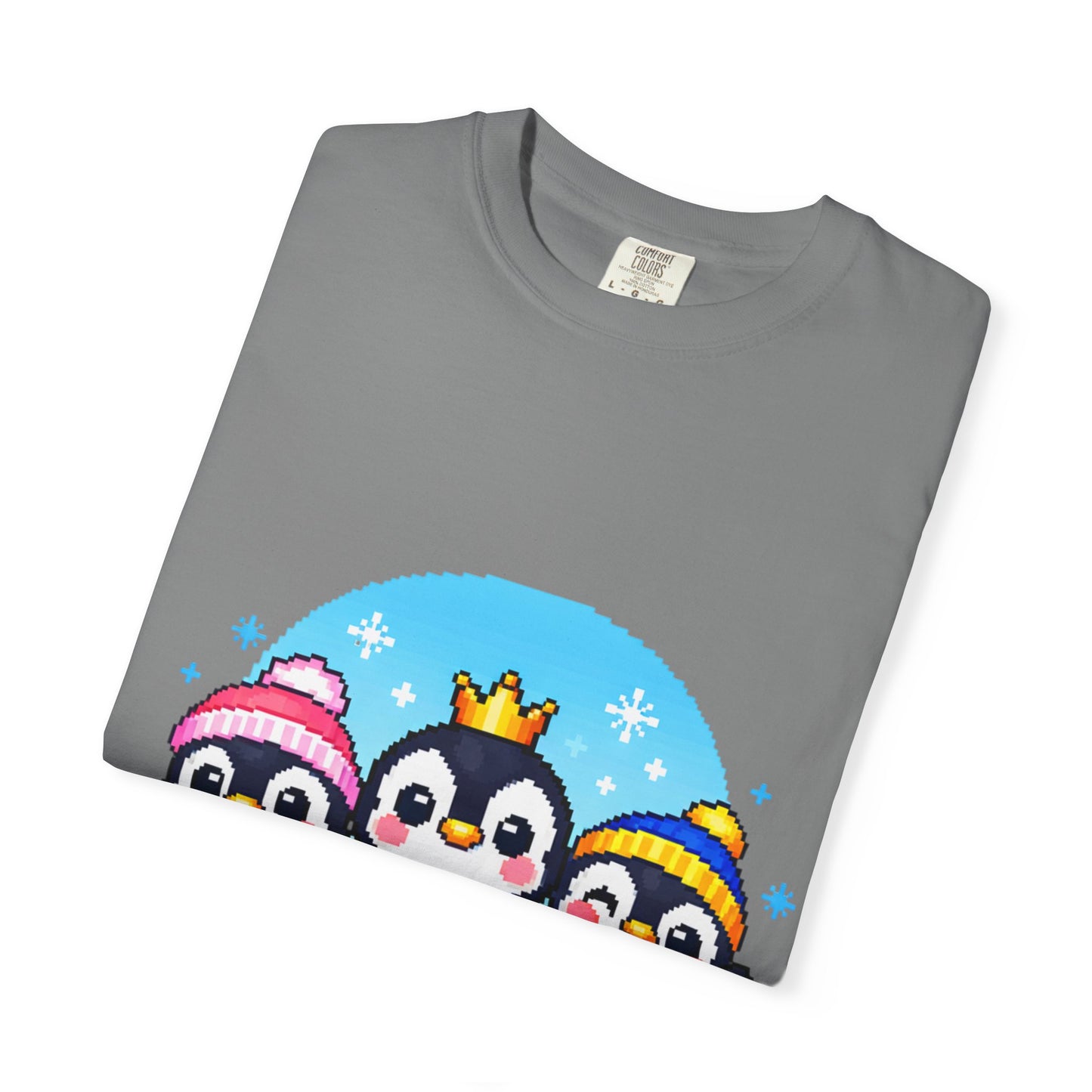 Cute Winter Penguin T‑Shirt — Three Cartoon Penguins with Crown & Scarves
