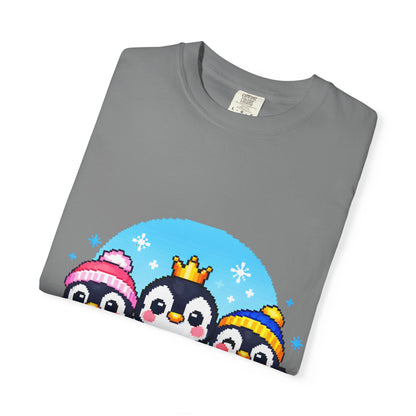 Cute Winter Penguin T‑Shirt — Three Cartoon Penguins with Crown & Scarves