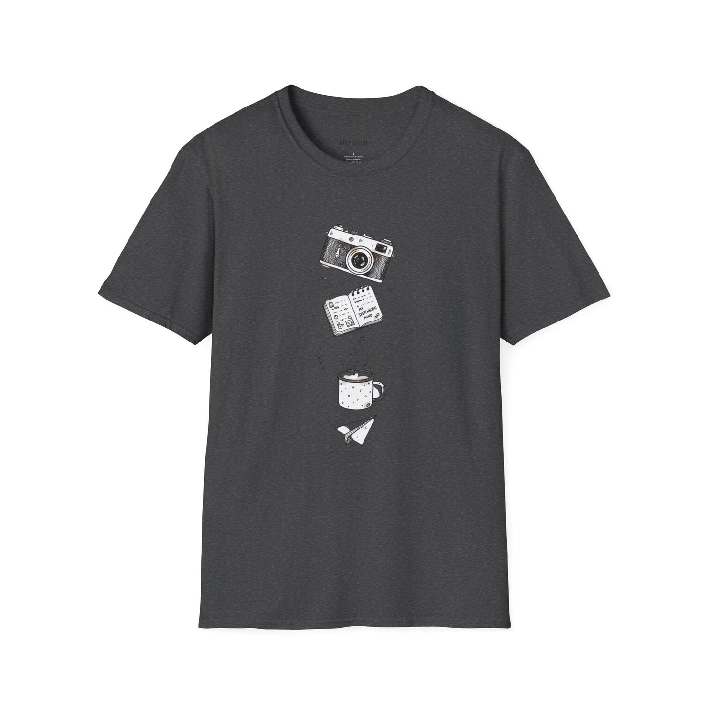 Photography & Coffee Graphic Tee — Camera, Notebook, Coffee Cup Design