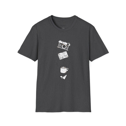 Photography & Coffee Graphic Tee — Camera, Notebook, Coffee Cup Design