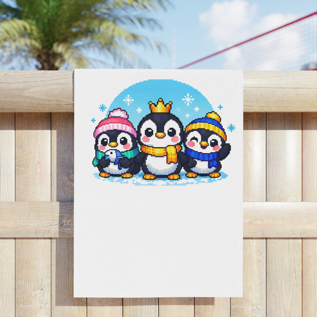 Cute Penguin Family Beach Towel — Winter Crown & Hat Cartoon Design