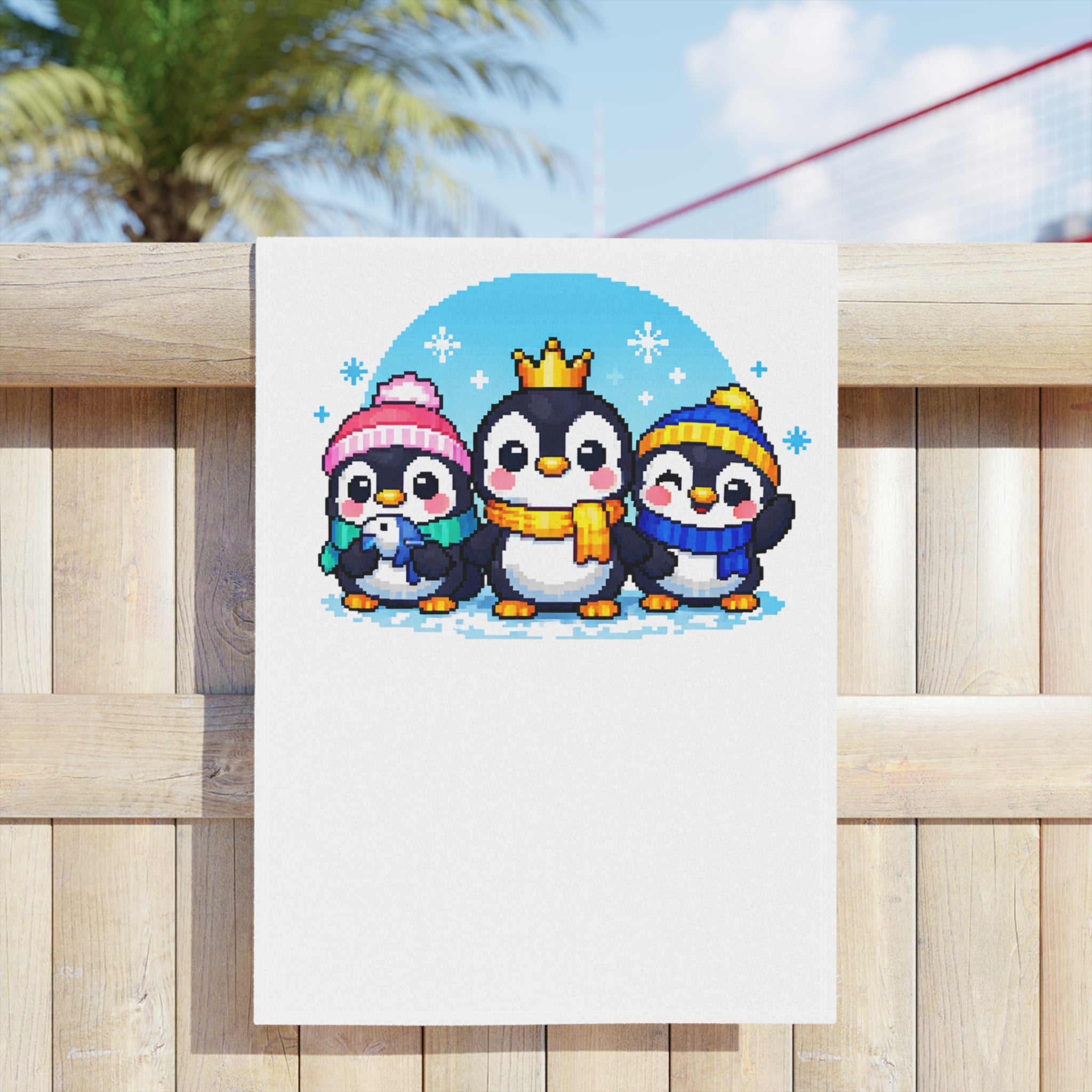 Cute Penguin Family Beach Towel — Winter Crown & Hat Cartoon Design