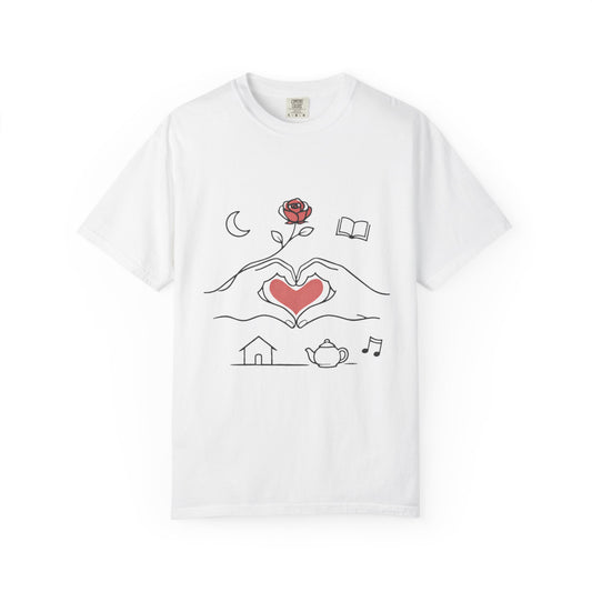 Heart Hands Graphic T-Shirt — Cozy Home, Tea & Book Love Design Merit Sell