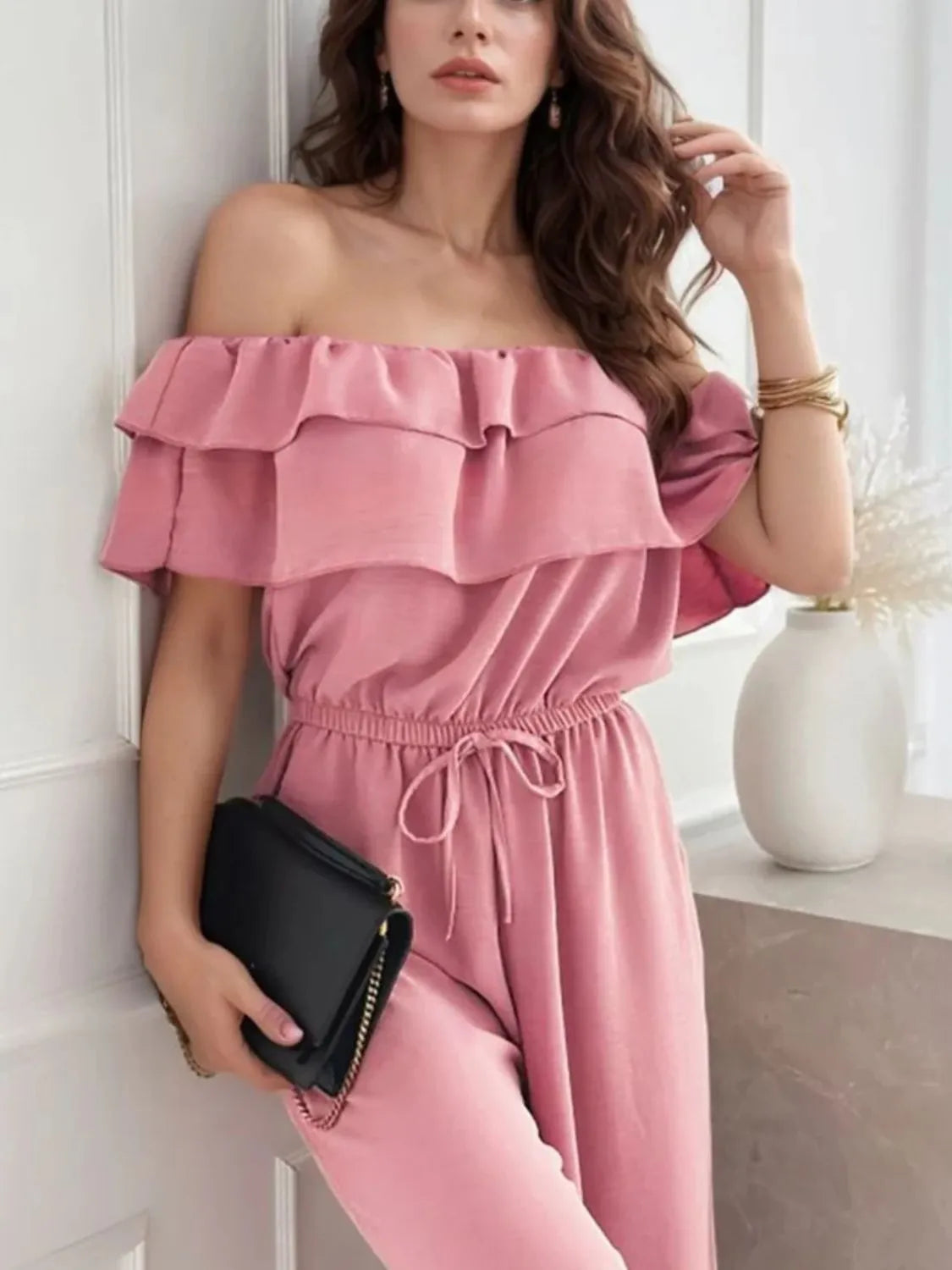 Off-Shoulder Ruffled Wide Leg Jumpsuit - Merit Sell