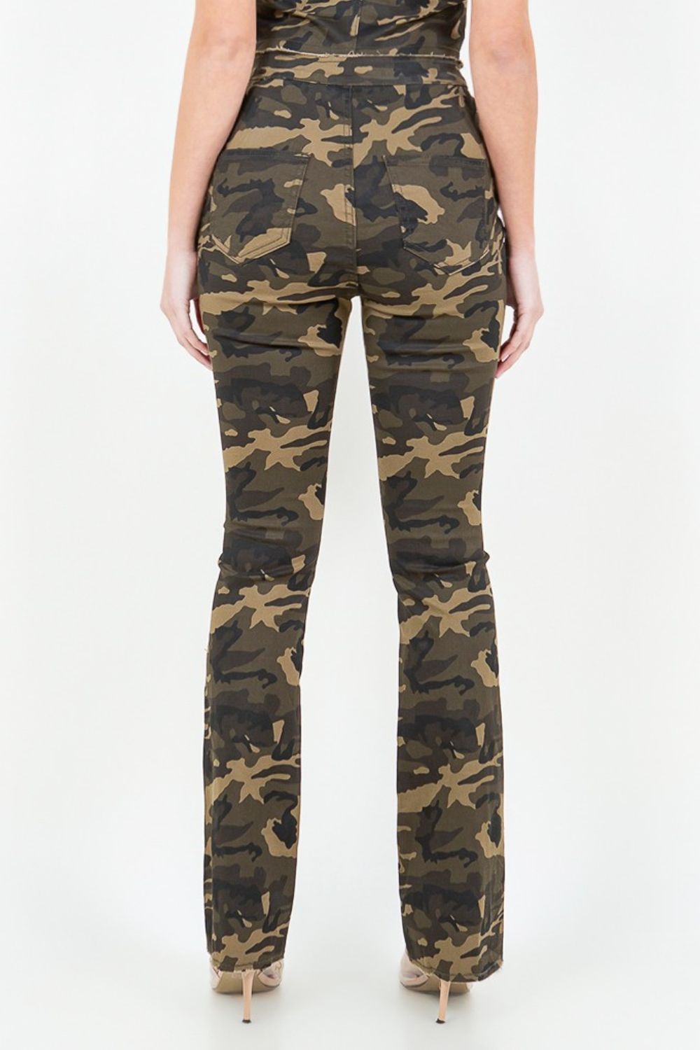 American Bazi V-Cut Camo Flare Pants | Ruched Design