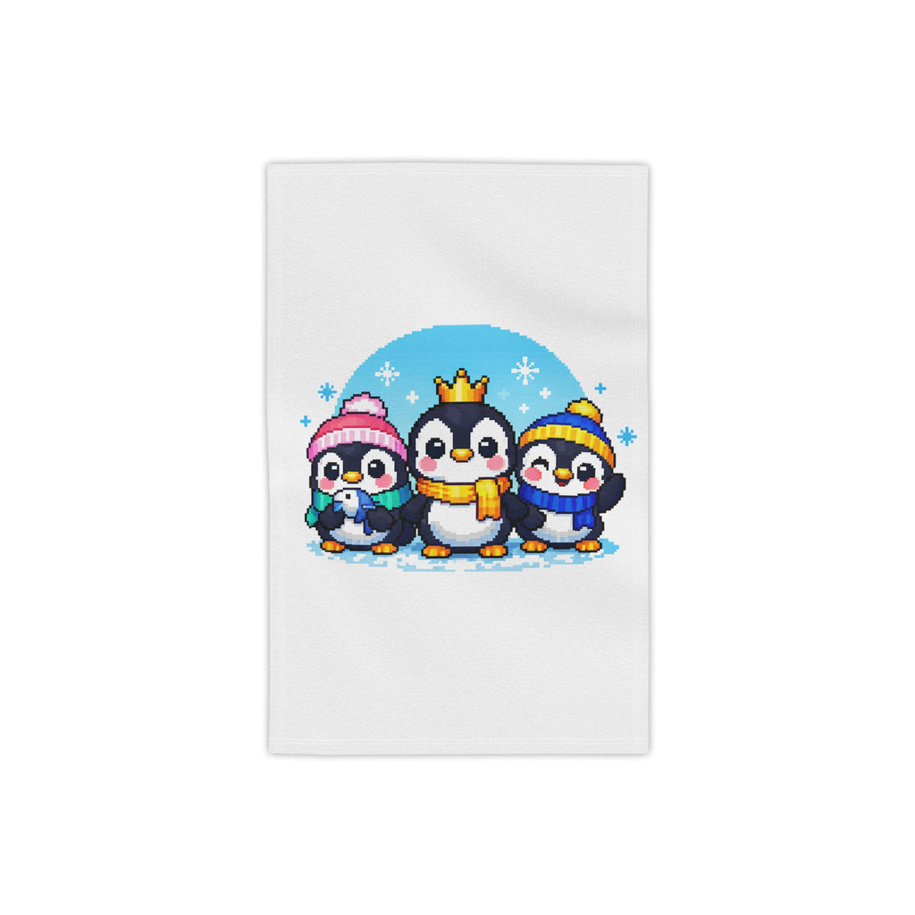 Cute Penguin Family Beach Towel — Winter Crown & Hat Cartoon Design