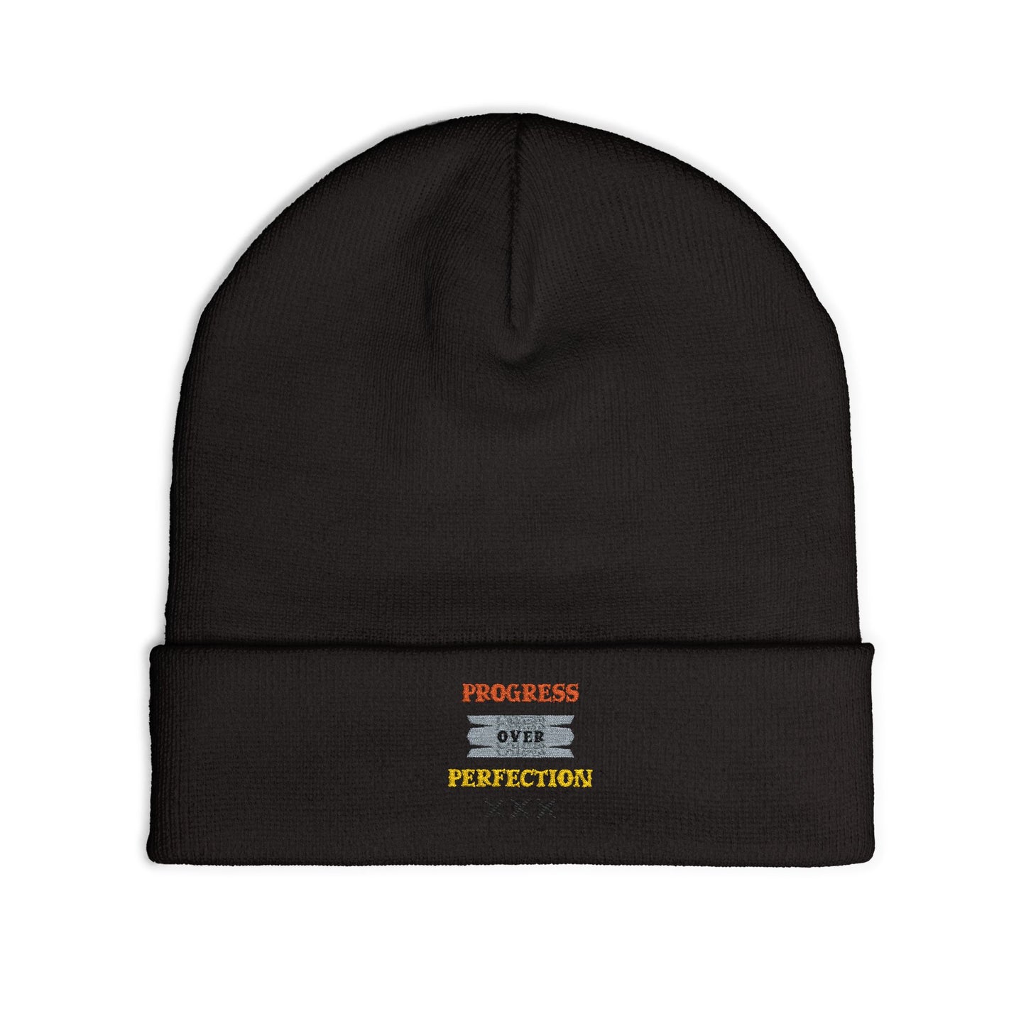 Embroidered Knit Beanie — 'Progress Over Perfection' Cozy Winter Hat
