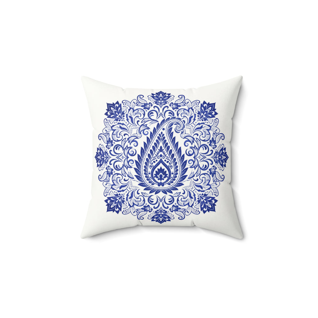 Blue Paisley Mandala Faux Suede Pillow — Decorative Square Throw Pillow