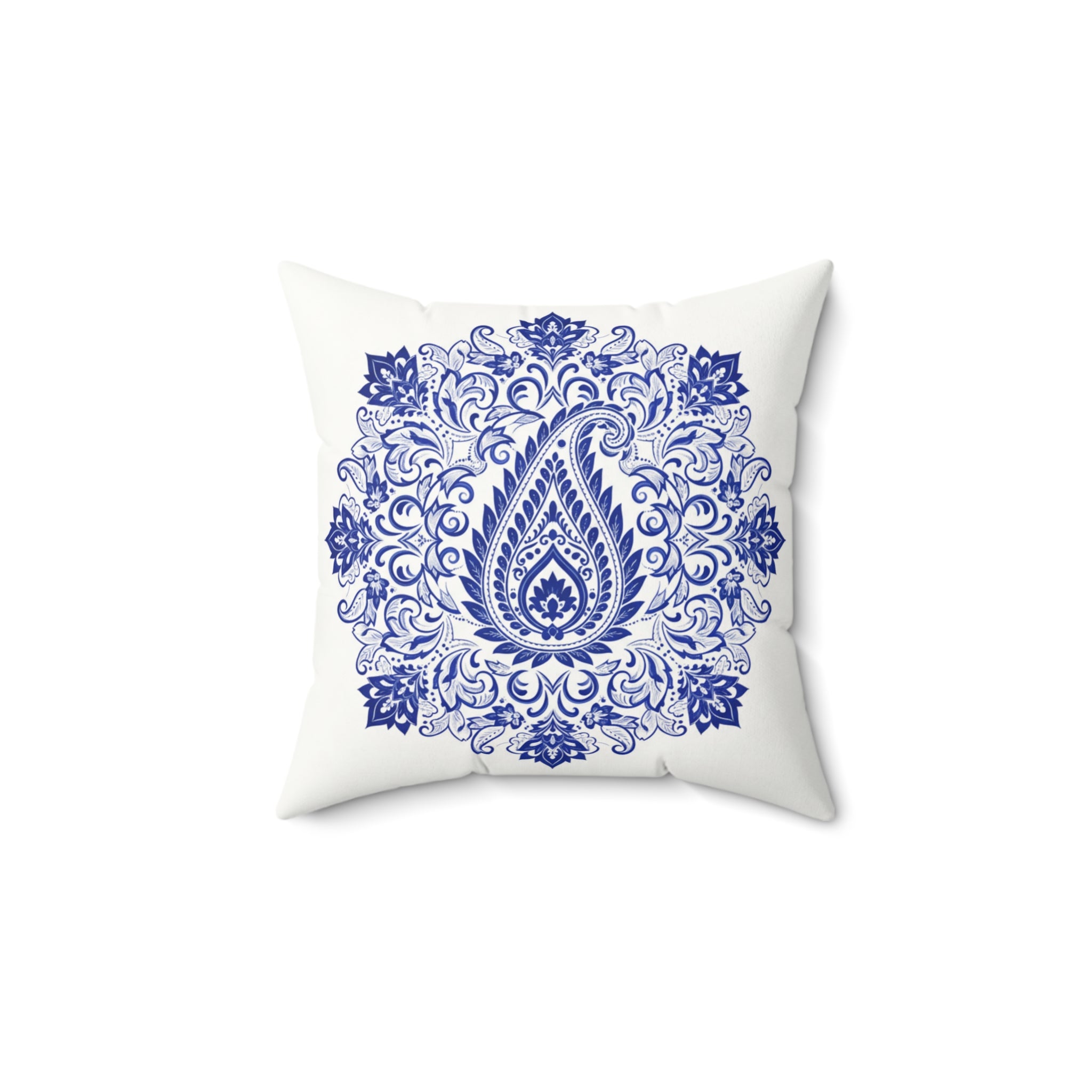 Blue Paisley Mandala Faux Suede Pillow — Decorative Square Throw Pillow