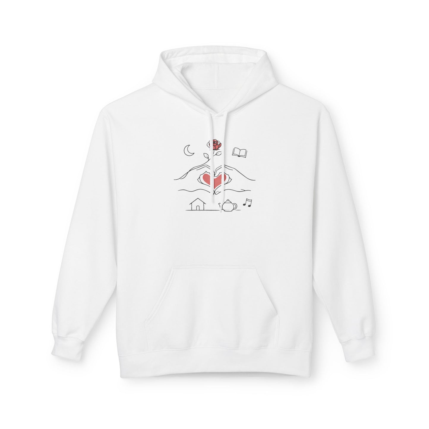 Cozy Heart & Rose Hoodie — Comfort, Home, Tea, Books Design