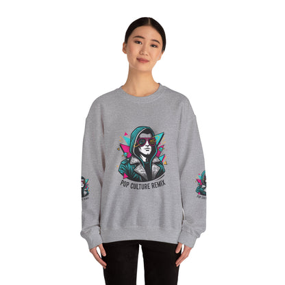 Pop Culture Remix Crewneck Sweatshirt — Retro Neon Hoodie Graphic