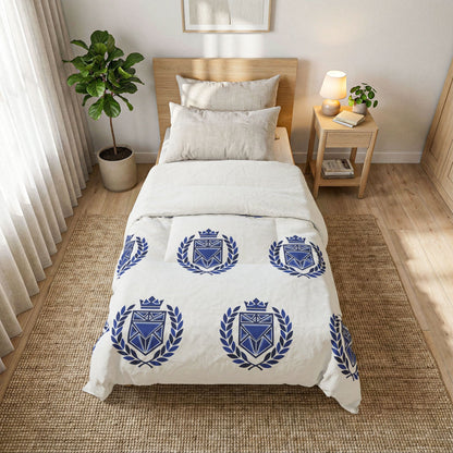 Blue Heraldic Crest Cotton Comforter — Classic Laurel & Crown Bedding