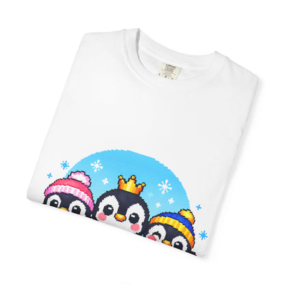 Cute Winter Penguin T‑Shirt — Three Cartoon Penguins with Crown & Scarves