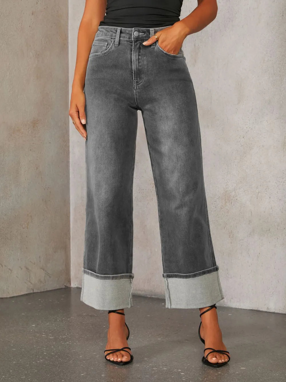 High Waisted Straight Leg Rolled Jeans - Merit Sell