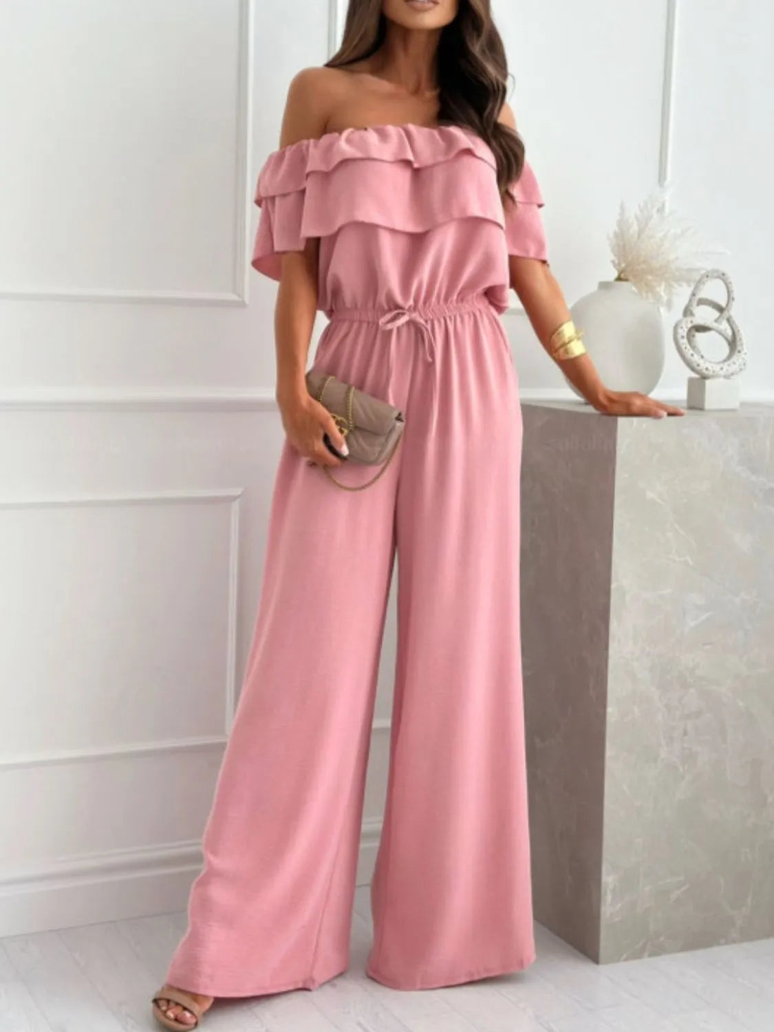 Off-Shoulder Ruffled Wide Leg Jumpsuit - Merit Sell