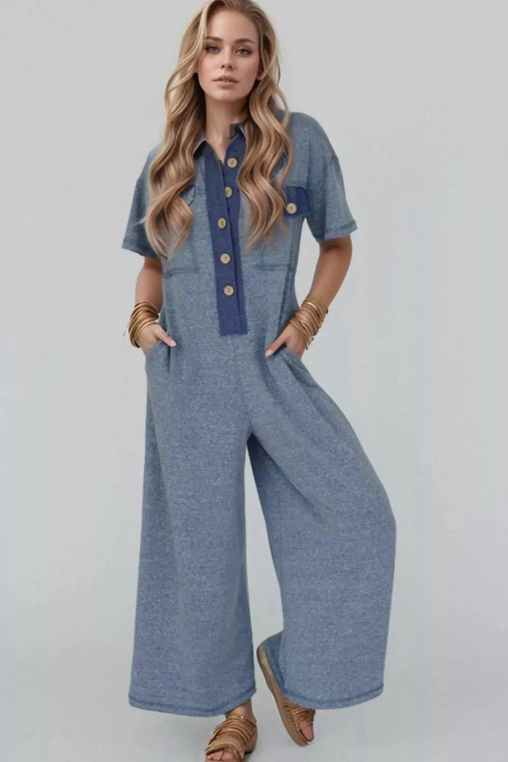 Placket Chest Pockets Short Sleeve Wide Leg Jumpsuit - Merit Sell