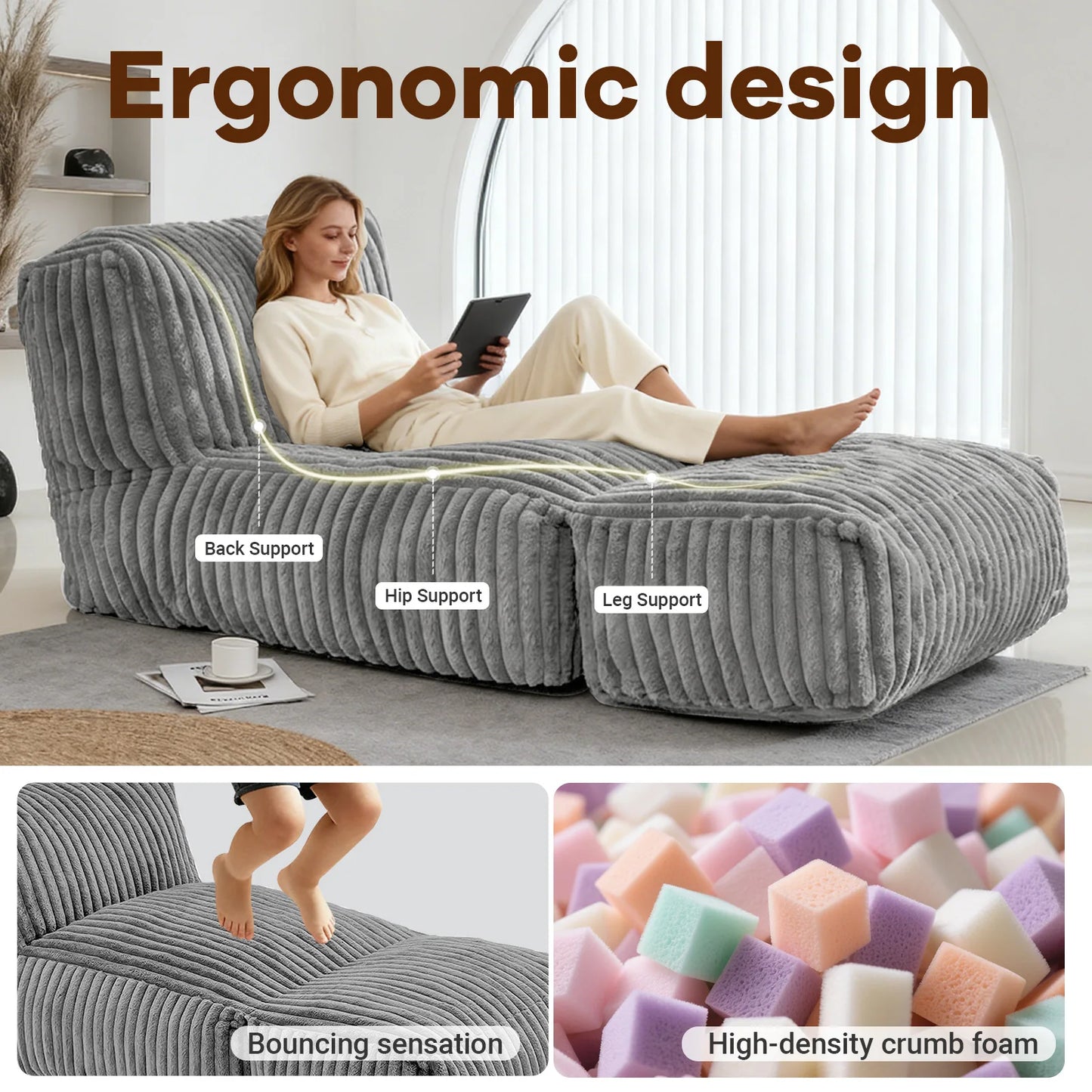 Big Bean Bag Lounger Chairs LargBeanbag Chair for Adults Bean Bag Sofa witlMemory Foam Filled for Living Room,Bedroom ,Grey