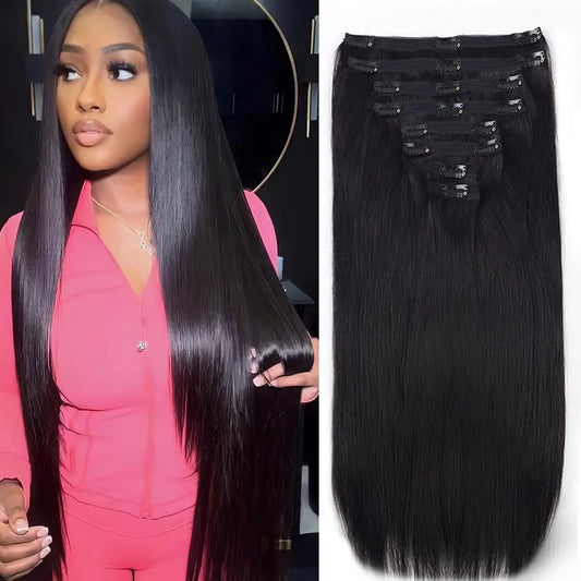 Straight Clip in Hair Extensions Real Human Hair 8Pcs Remy Human Hair Clip Natural Soft Human Hair 120g #1B Natural Black